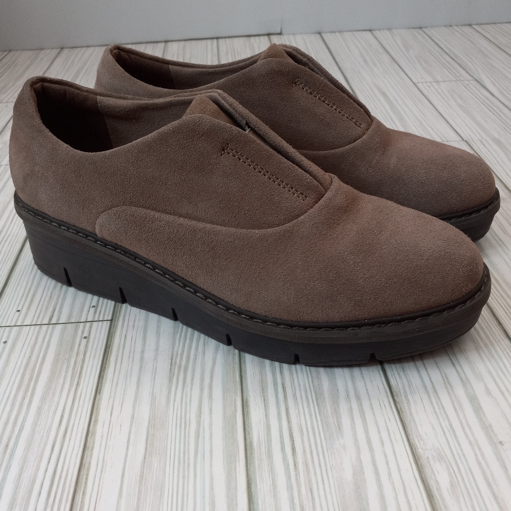 Clarks Taupe Leather Wedge Loafer Shoes